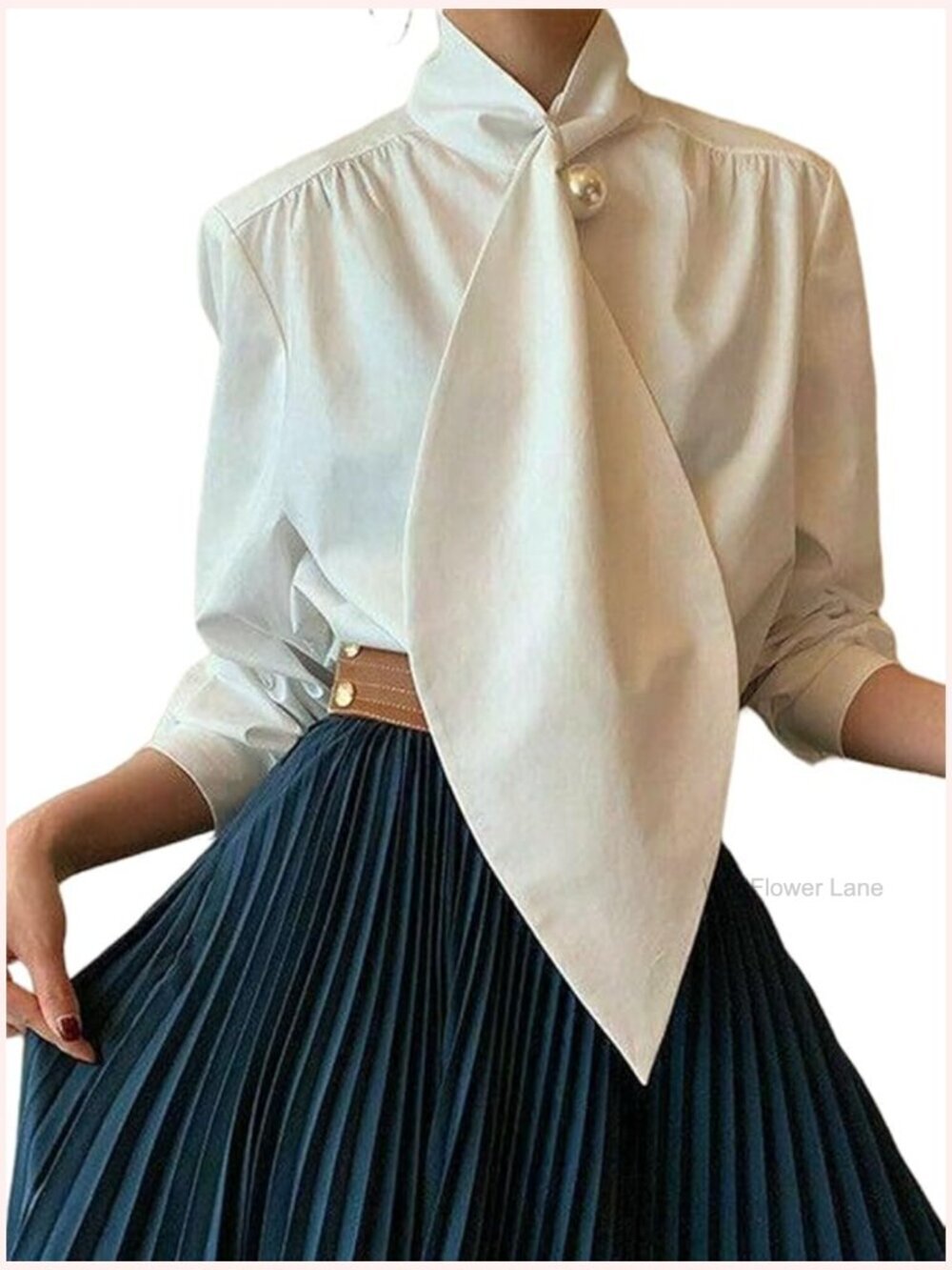 Long Sleeve Button Down Tie Neck Blouse Dressy Casual Office Work Top
